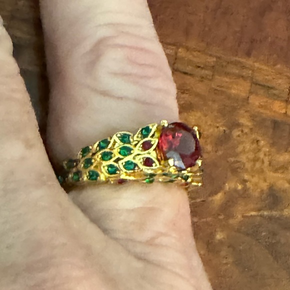 Bohemian Ruby, Lab, Micro-Encrusted stones Colorful Yellow Gold Color Leaf Ring - Picture 6 of 13